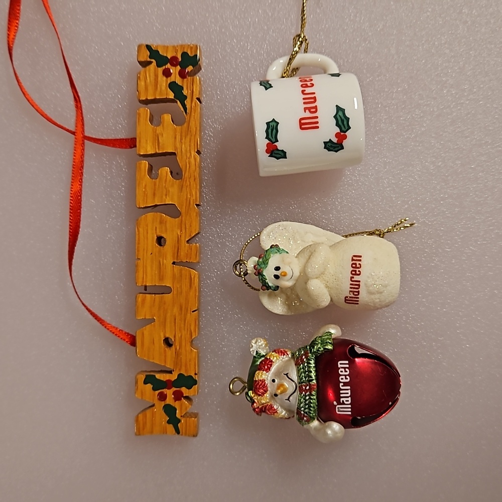 Lot of 4 'Maureen' ornaments angel bell miniature mug carved wood name EUC